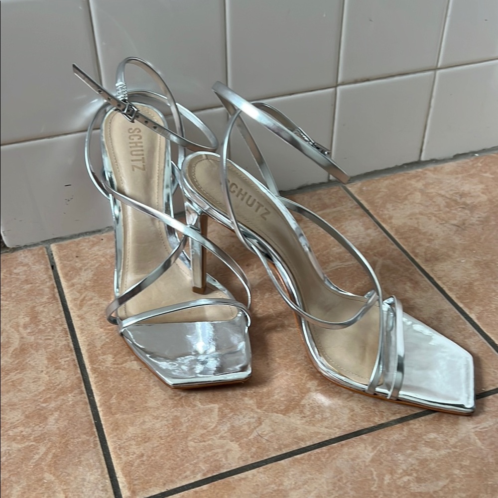 SCHUTZ Metallic Silver Strappy Heels